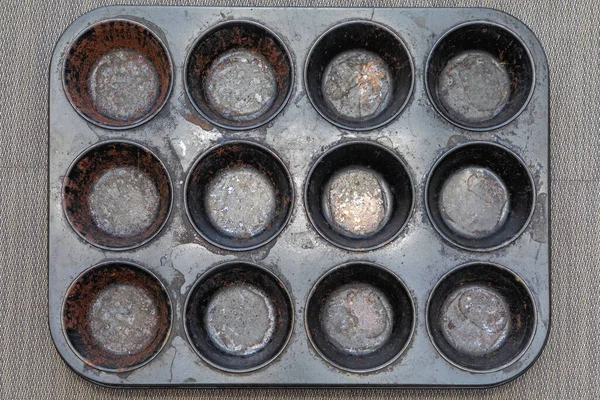 Burnt Nonstick Cupcakes Baking Mold Pan Tray Damaged — Stock Photo, Image