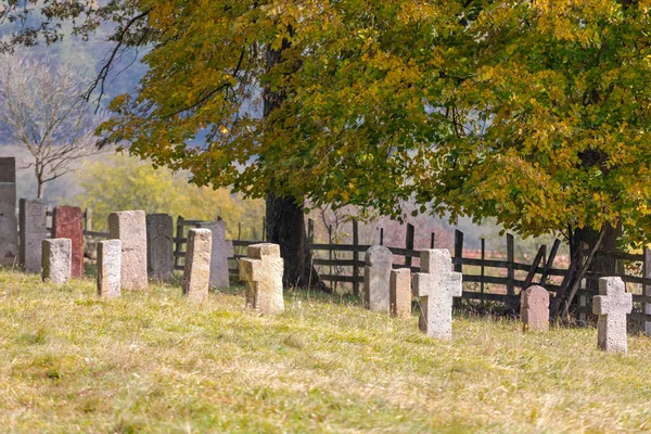 巴尔干农村中世纪坟场的十字石碑 — 图库照片