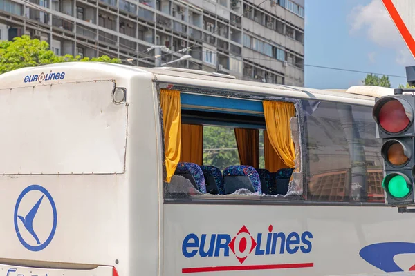 Belgrade Serbia May 2021 Vandalism Destruction Broken Window Coach Bus — ストック写真