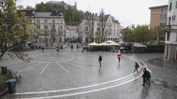 Liubliana Eslovenia Noviembre 2019 Personas Con Paraguas Mal Tiempo Día — Vídeo de stock