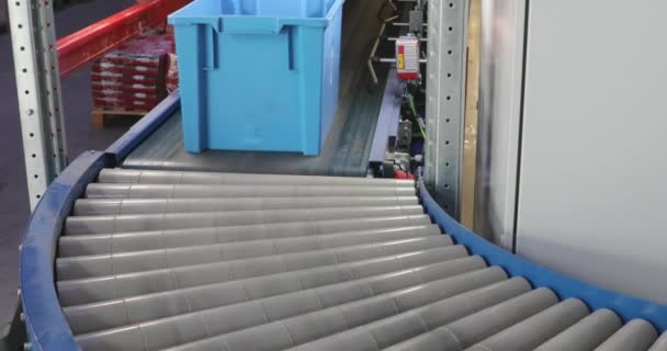 Moving Plastic Tote Crate Conveyor System Distribution Warehouse — Stock Video