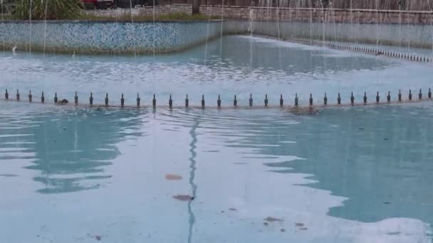 Grote Blauwe Fontein Met Veel Water Sproeiers Pijp — Stockvideo