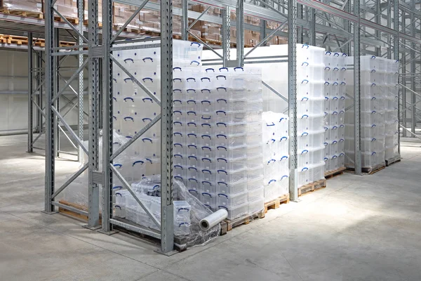 Plastic Boxes in Warehouse — Stock Photo, Image