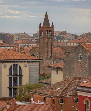 Aerial View of Bell Tower at Ex Chiesa di Santa Maria Maggiore in Venice Italy Autumn Day