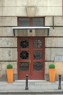 Ironwork ve Glass Mid Century Modern Ev Girişli Saksı Bitkileri simetrisiyle Çifte Kapılar