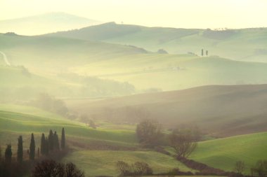 Tuscany 'nin yuvarlanan tepeleri sabahın erken saatlerinde.