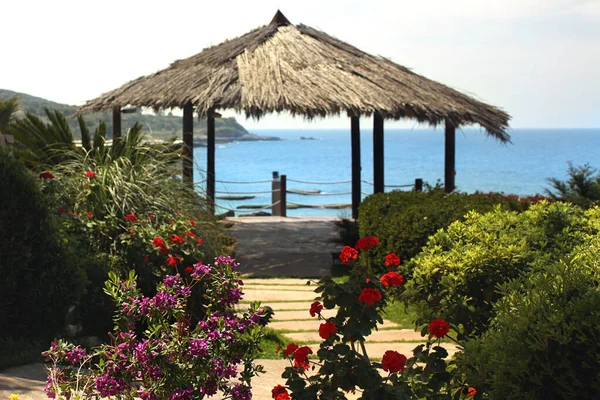 黎巴嫩海滩上一个花园后面的稻草阳伞 — 图库照片