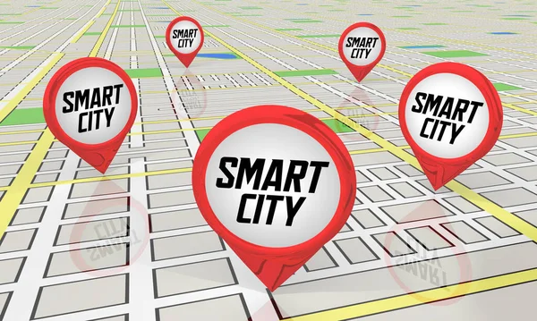 Smart City Modern Technology Connected Network Infrastructure Map Pins Ilustración —  Fotos de Stock
