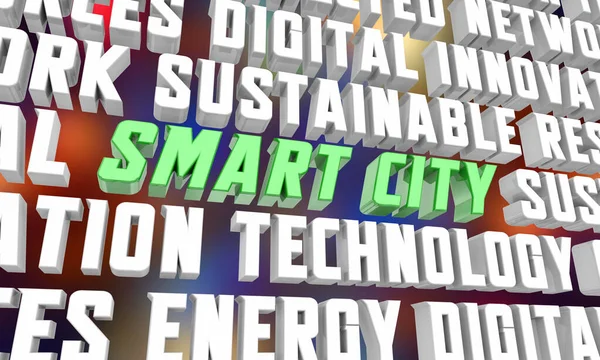 Smart City Transport Zasoby Energetyczne Innowacje Słowa Ilustracja — Zdjęcie stockowe