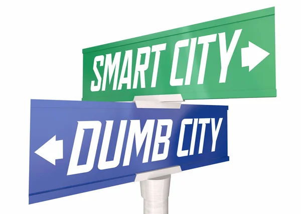 Smart Dumb City Technology Mobility Innovation Community Direction Sign Illustration — стоковое фото