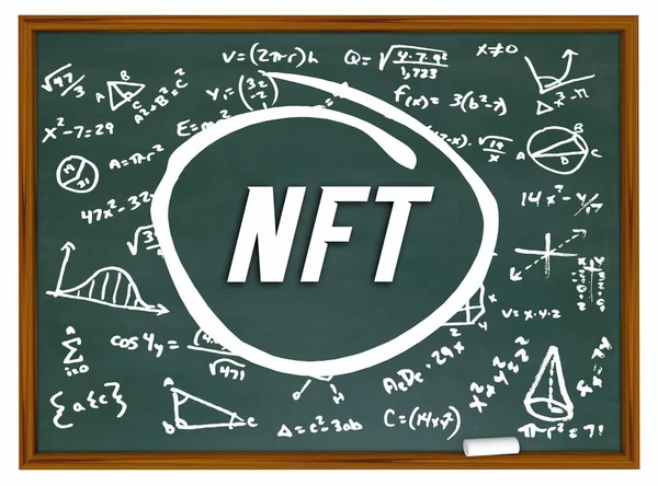 Nft不可替换令牌加密货币新技术锁链黑板科学公式3D说明 — 图库照片