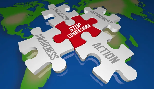 Stop Climate Change Puzzle Pieces Solve Global Warming Problem Illustration — Stock Photo, Image