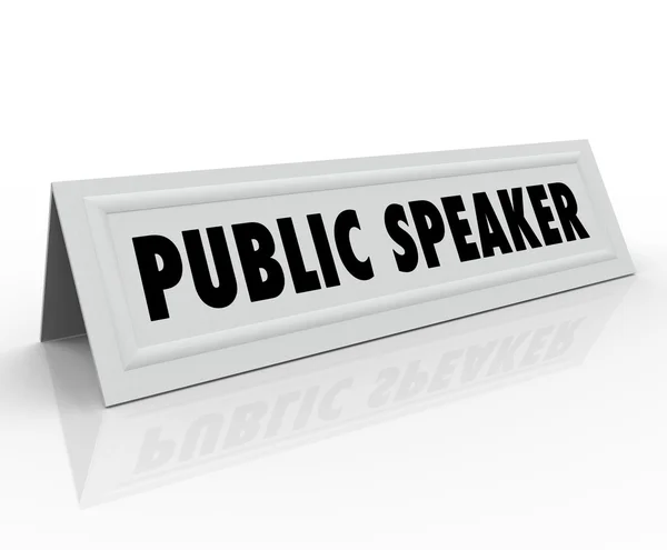 Δημόσιος ομιλητής λέξεις όνομα σκηνή κάρτα τα ομιλία panelist — Φωτογραφία Αρχείου