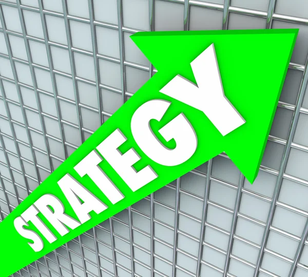 Strategy Word Green Arrow Rising Improve Increase Results — Stock Photo, Image