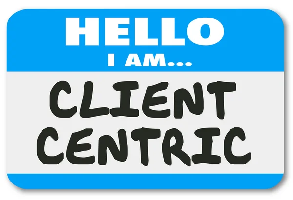 Client centric woorden Hallo naam tag sticker — Stockfoto