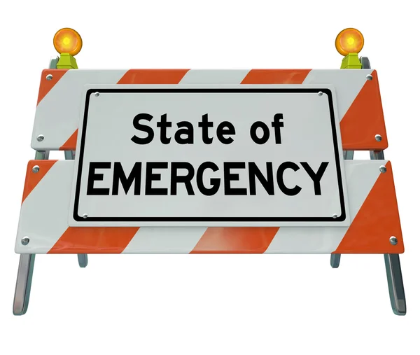 State of Emergency Words Road Construction Barricade Warning Sig — Stock Photo, Image