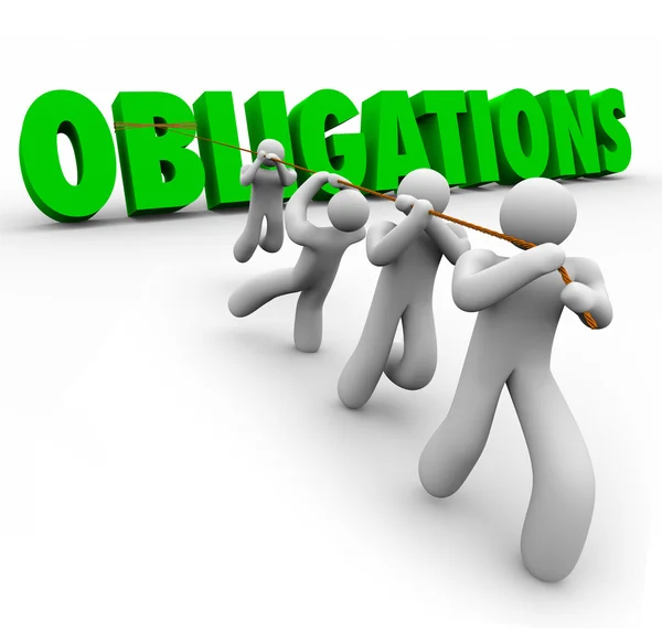 Obligations Word Pulled Up by Team Workers Together — Stock Photo, Image