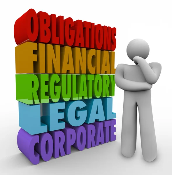 Obligations Thinker 3D Words Financial Regulatory Legal Corporat — Stock Photo, Image