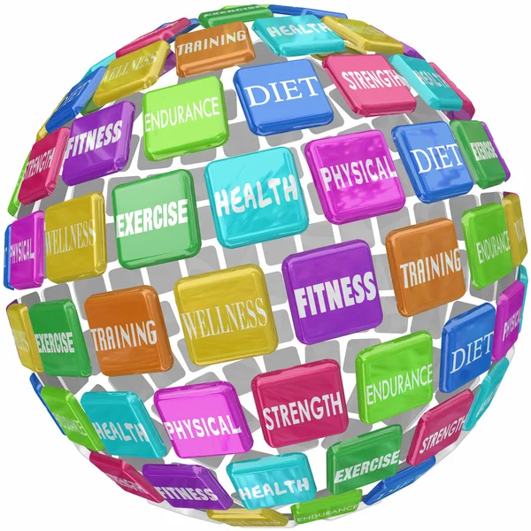 Fitness Exercise Physical Health Words Globe Ball — Stock Photo, Image