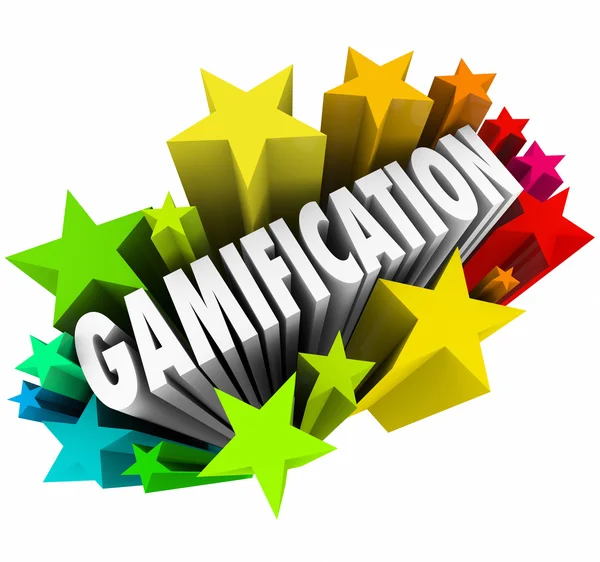 Gamification slovo hvězdy ohňostroje vzrušující učení online hra — Stock fotografie