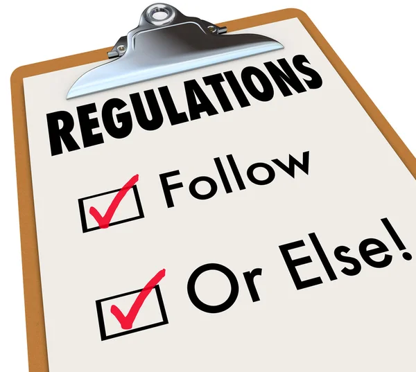 Regulations Follow or Else Checklist Boxes Evaluation Clipboard — Stock Photo, Image