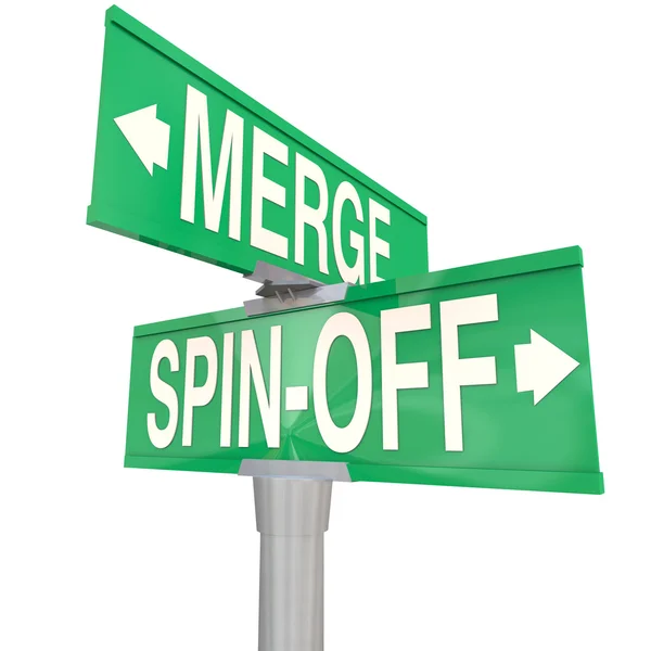 Merge Vs Spin-Off Words Two Way Road Signs — Stock Photo, Image