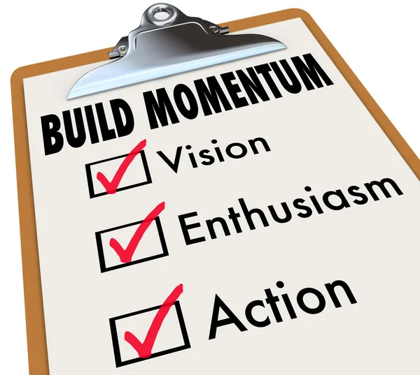 Build Momentum Checklist Clipboard Moving Forward — Stock Photo, Image