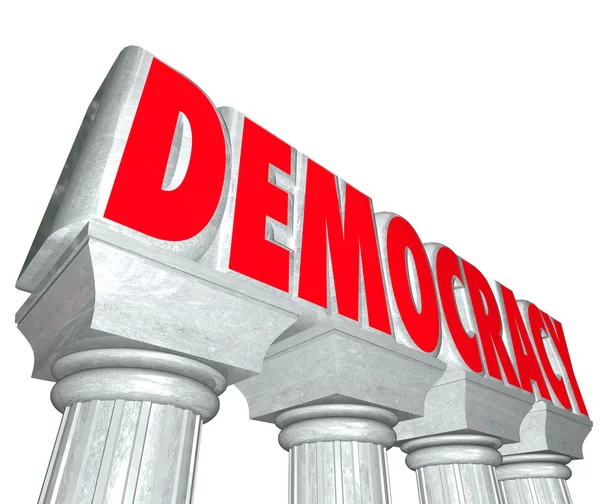 Ordet demokrati 3d bokstäver kolumner frihet väljer regeringen — Stockfoto