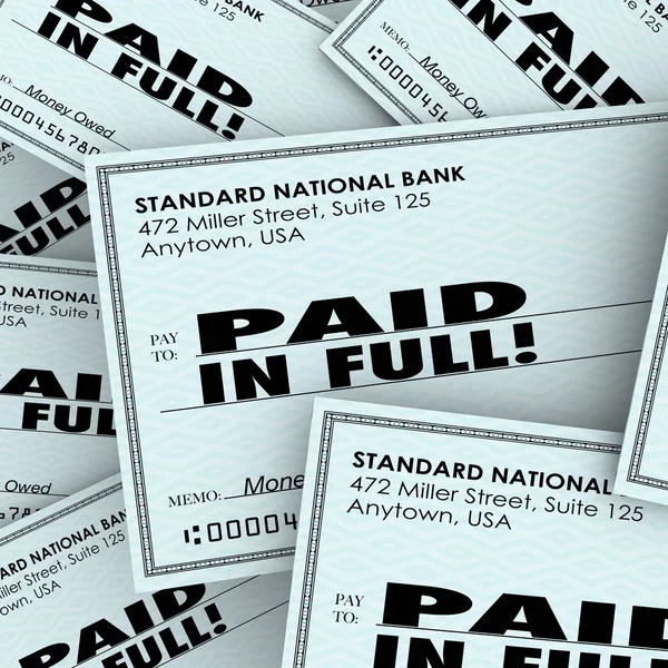 Paid in Full Words Check Money Bills Pile Paying Owed Obligation — Stock Photo, Image