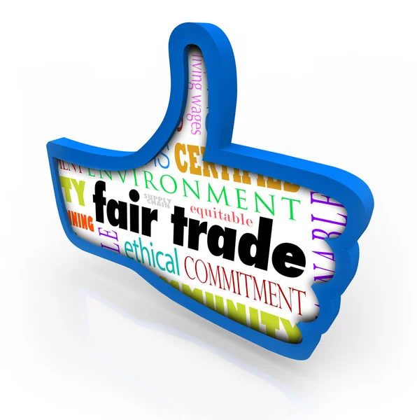 Fair Trade Blue Thumbs Up Words Responsible Business Approval Li — Stock Photo, Image