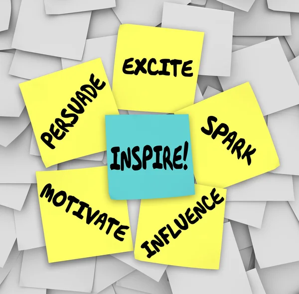 Inspire Motivate Influence Persuade Spark Excite notas pegajosas — Fotografia de Stock