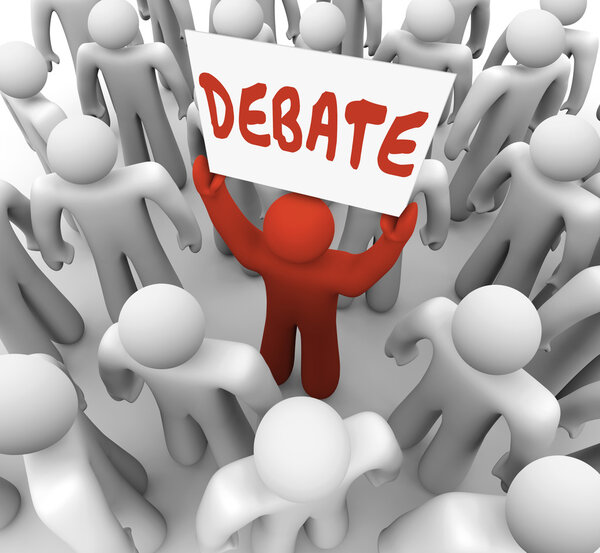 Дебаты Человек слова человек держит знака спор аргумента
