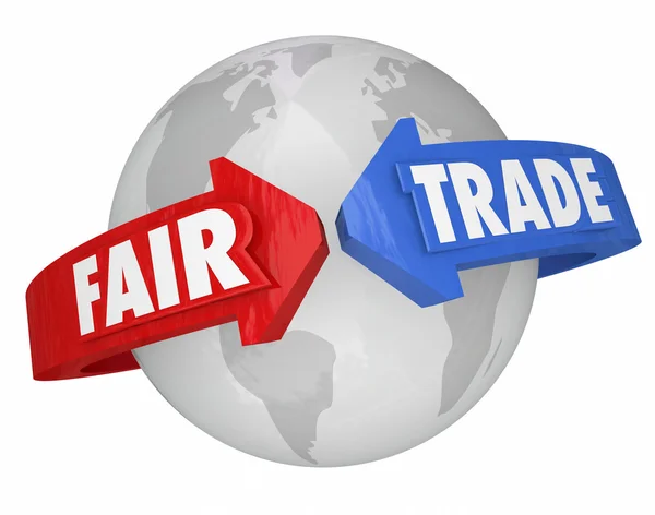 Fair Trade Arrows Around World Global Economy Living Wages Suppl — Stock Photo, Image