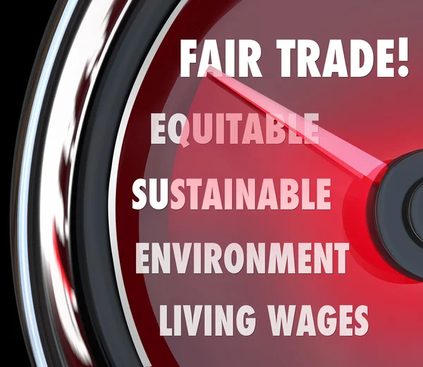 Fair Trade Speedometer Measuring Import Export Equity Products — Stock Photo, Image