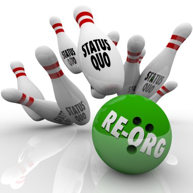 Re-Org word on a green bowling ball striking pins clipart