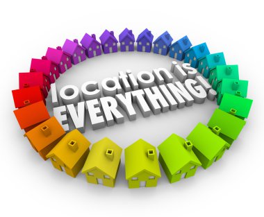 Location is Everything 3d words surrounded by colored houses clipart