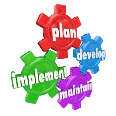 Plan, Develop, Implement and Maintain words on gears clipart