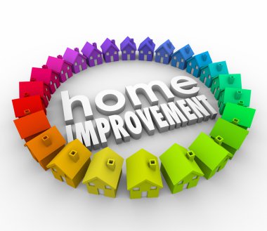 Home Improvement words in 3d letters surrounded by a ring of houses clipart