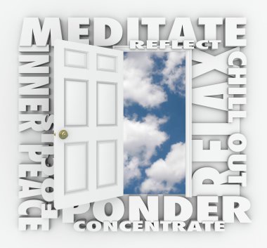 Meditate and other 3d words around an open door clipart