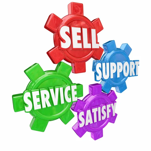 Vender, apoyar, servicio y satisfacer en letras 3d en engranajes —  Fotos de Stock