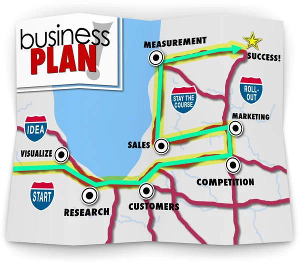 Biznes Plan słowa na mapie drogowej kierowanie do sukcesu — Zdjęcie stockowe