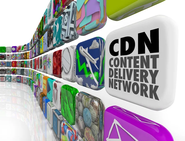 CDN Content Delivery Palavras de rede em uma telha de aplicativo — Fotografia de Stock