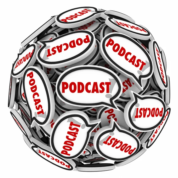 Podcast слово мовні бульбашки в м'ячі або сфері — стокове фото