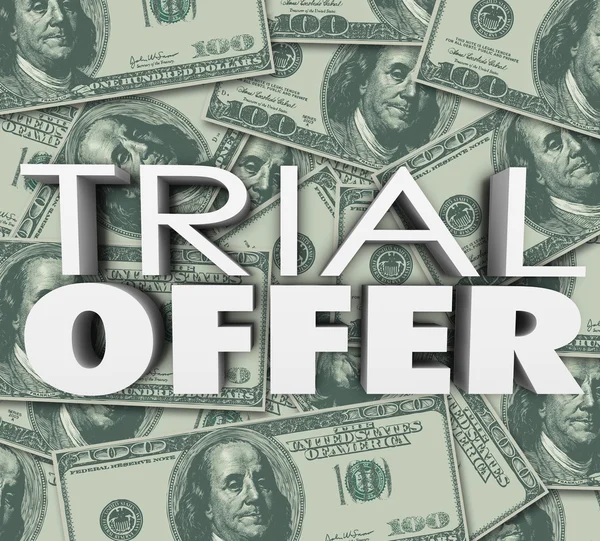 Trial Offer 3d palavras e letras em um fundo de dinheiro — Fotografia de Stock