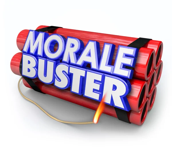 Morale Buster palabras 3d en un paquete de palos de dinamita — Foto de Stock