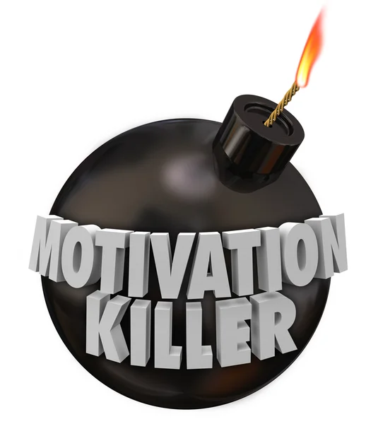 Motivasyon katil 3d kelime yuvarlak siyah bomba üstünde — Stok fotoğraf