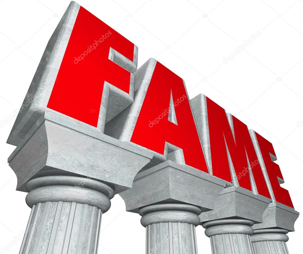 Fame word in 3d marble letters on stone columns