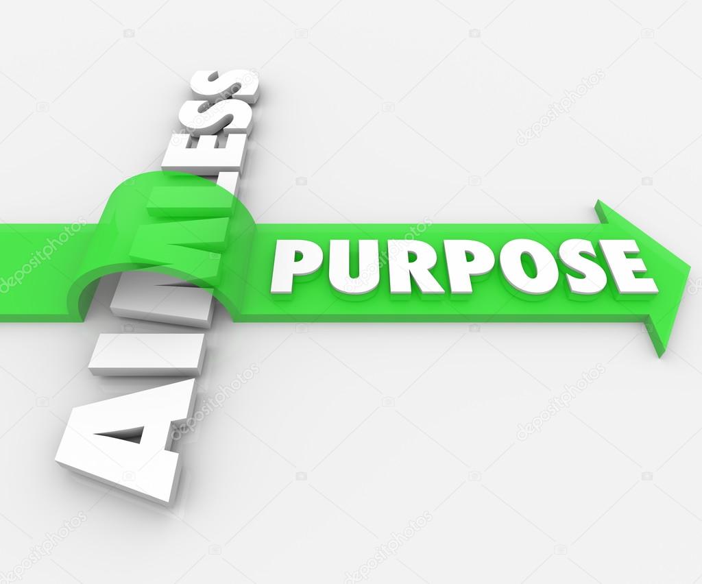 Purpose word on arrow over Aimless in 3d white letters