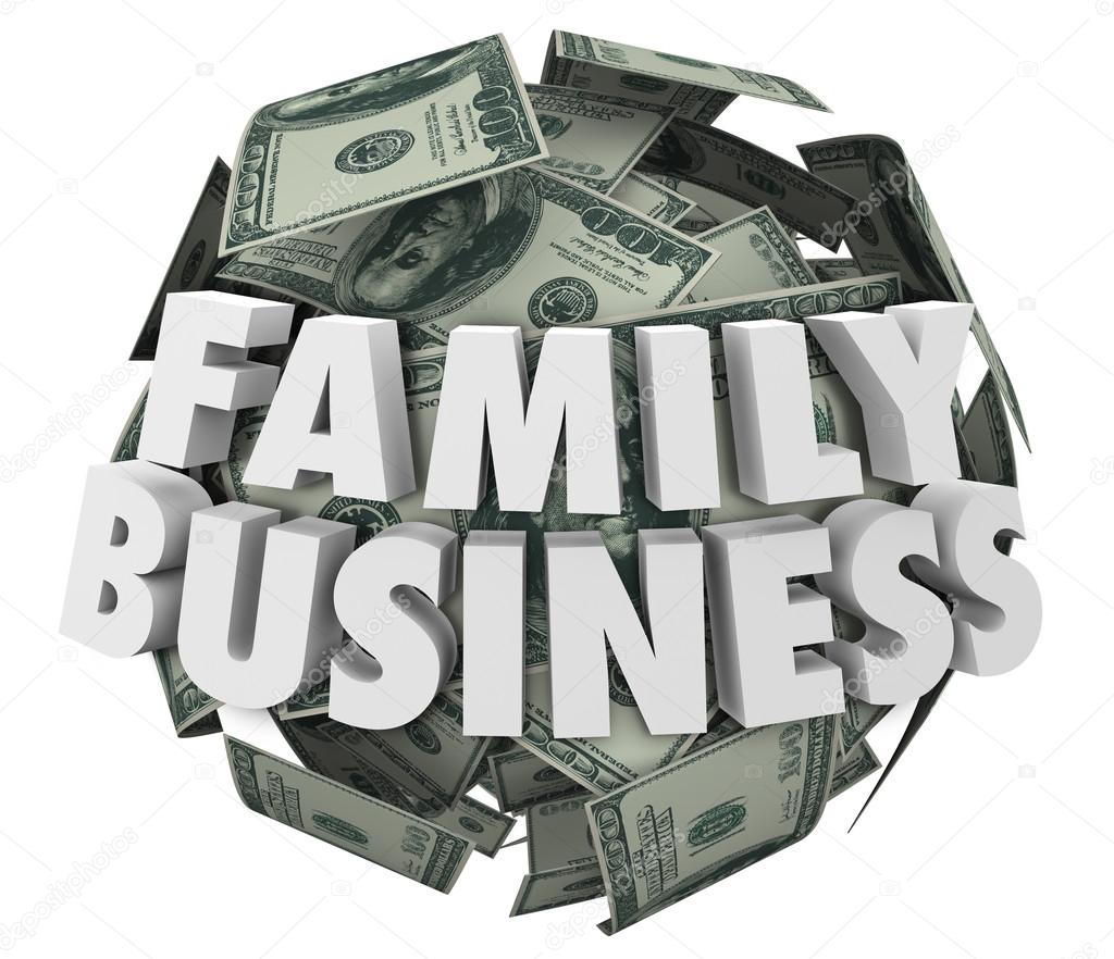 Family Business 3d words on ball or sphere of money