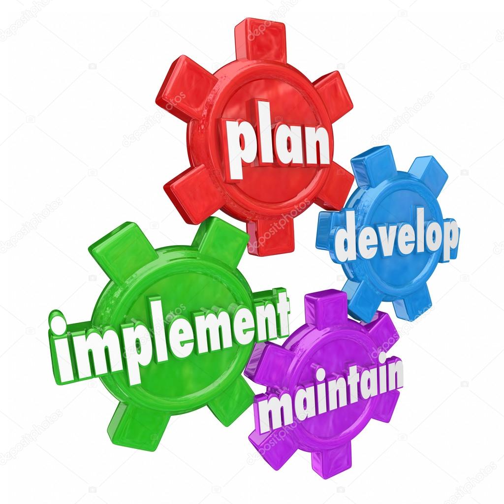 Plan, Develop, Implement and Maintain words on gears
